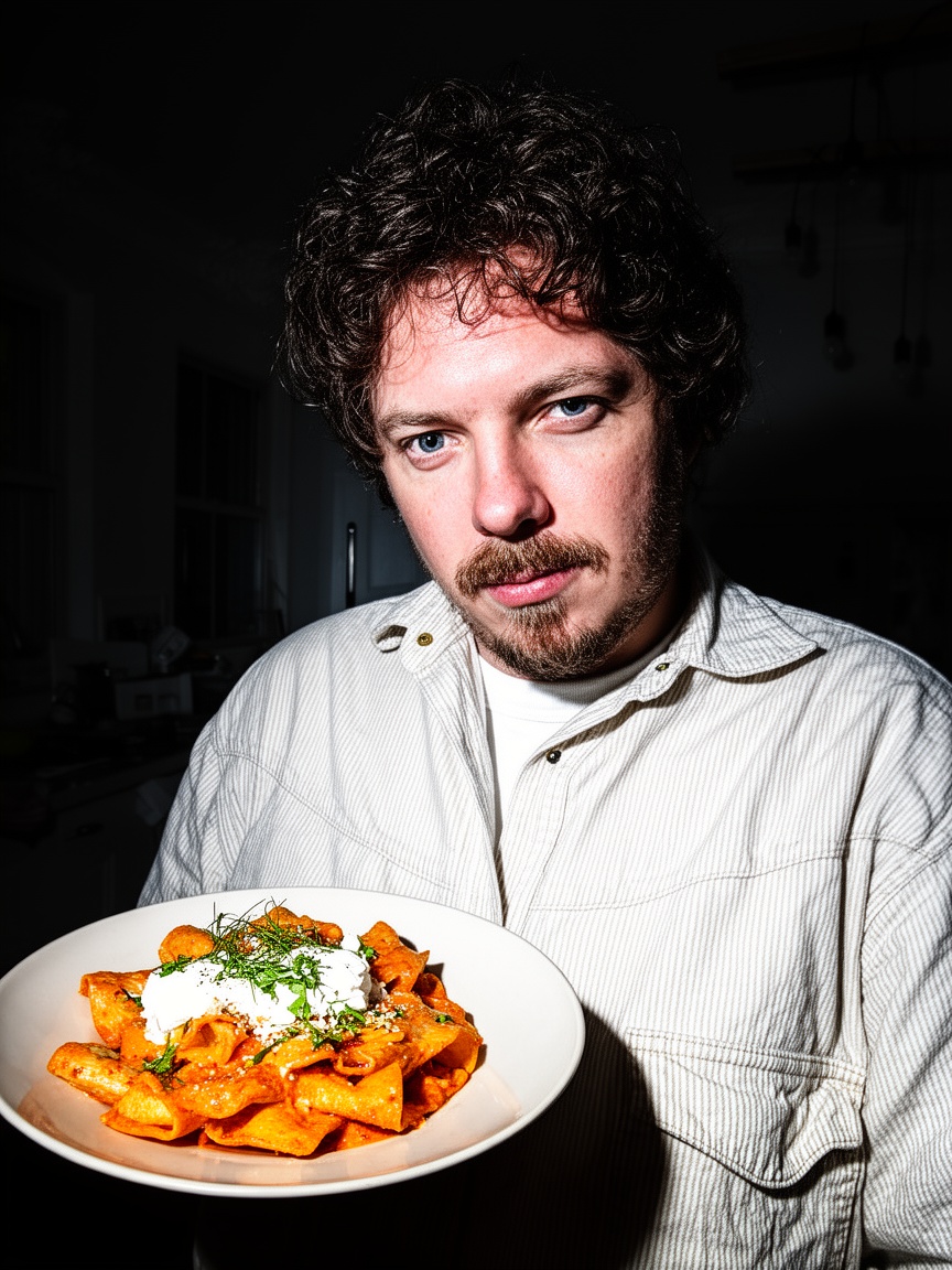 Wild Pasta creator holding a bowl of rigatoni